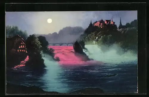 Mondschein-AK Neuhausen, Blick auf den Rheinfall mit Brücke mit Beleuchtung