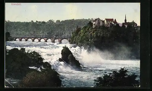 AK Neuhausen, am Rheinfall, Eisenbahnbrücke und Schloss Laufen