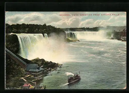 AK Niagara Falls, Gesamtansicht und Ausflugsdampfer