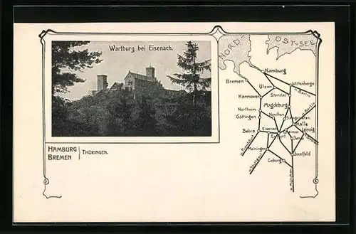AK Eisenach, Blick auf die Wartburg, Landkarte der Umgebung