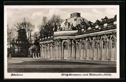 AK Potsdam, Schloss Sanssouci, Anlagen und Blick zur historischen Mühle