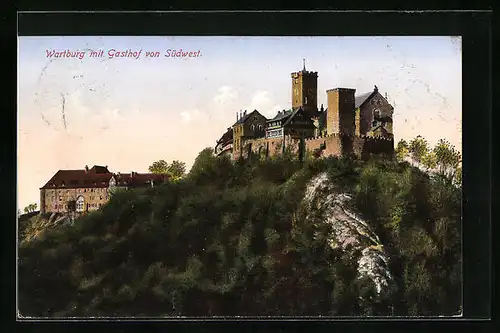 AK Eisenach, die Wartburg mit dem Gasthof von Südwest