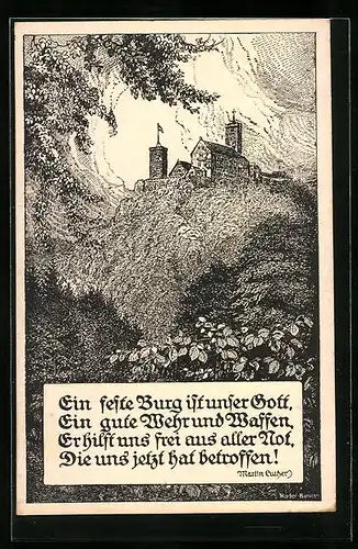 Künstler-AK Eisenach, Blick hinauf zur Wartburg, Ein feste Burg ist unser Gott