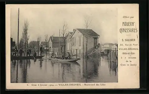 AK Villas-Draveil, Boulevard des Lilas, Crue 6 Janvier 1924, Hochwasser