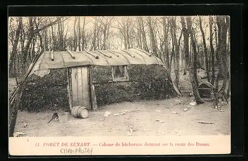 AK Foret de Senart, Cabane de bucherons donnant sur la route des Dames, Forstwirtschaft