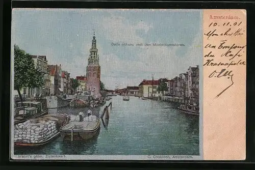Seiden-Imitations-AK Amsterdam, Oude schans met den Montelbaanstoren