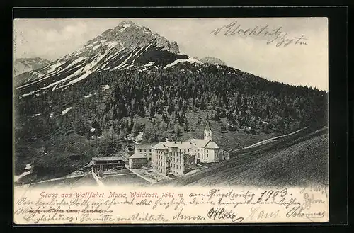 AK Wallfahrt Maria Waldrast, Blick auf die Kapelle und den Berg dahinter