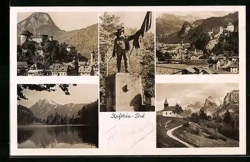 AK Kufstein i. Tirol, Blick auf das Schloss, Kapelle auf dem Berg, Denkmal