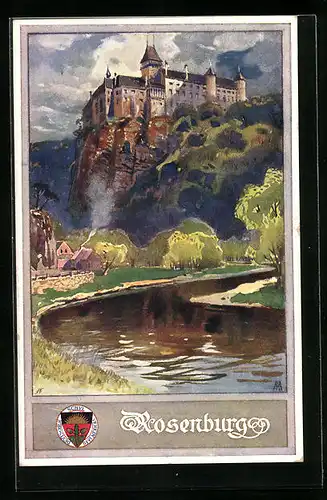 Künstler-AK Rosenburg, Blick vom Flussufer hinauf zum Schloss