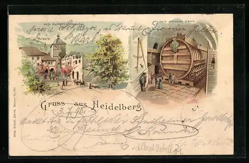 Lithographie Heidelberg, Ruprechtsbau, das grosse Fass