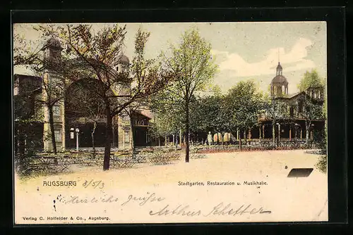 AK Augsburg, Stadtgarten, Restauration und Musikhalle