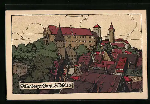 Steindruck-AK Nürnberg, Burg von der Südseite gesehen