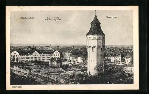 AK Rastatt, Blick auf Wasserturm, Pagodenburg und Mädchenschule