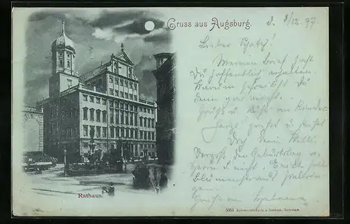 Mondschein-AK Augsburg, am Rathaus