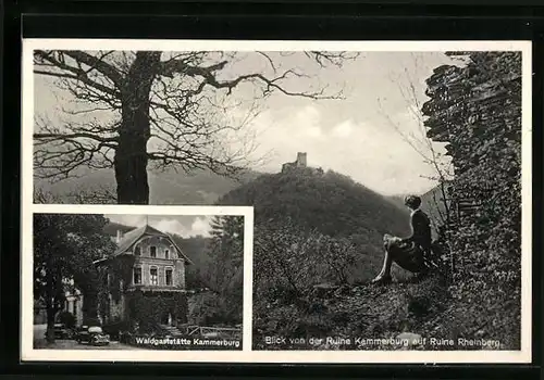 AK Lorch a. Rh., Waldgasthaus Kammerburg, Blick von der Ruine Kammerburg auf Ruine Rheinberg