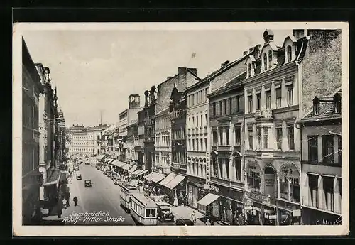 AK Saarbrücken, Strasse mit Strassenbahn