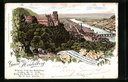 Lithographie Heidelberg / Neckar, Gesamtansicht mit Schloss