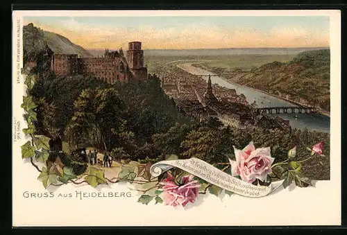 Lithographie Heidelberg / Neckar, Totale mit Schloss