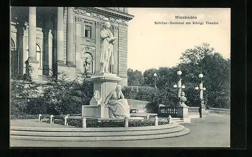AK Wiesbaden, Schiller-Denkmal am Kgl. Theater