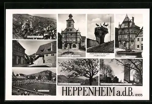 AK Heppenheim a. d. B., Marktplatz mit Rathaus, Liebig-Apotheke, Aussichtsturm auf der Starkenburg