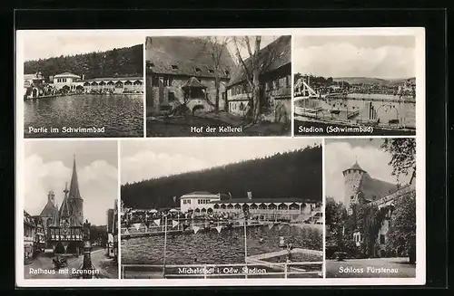 AK Michelstadt / Odenwald, Rathaus mit Brunnen, Hof der Kellerei, Schloss Fürstenau, Stadion Schwimmbad