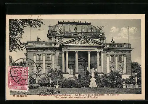 AK Wiesbaden, Theater mit Schillerdenkmal