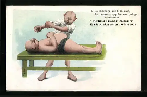 Künstler-AK Gesund ist das Massieren sehr, es rüstet sich schon der Masseur, Masseur krempelt seine Ärmel hoch