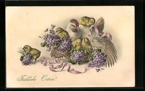 AK Osterküken mit Henne und Veilchen