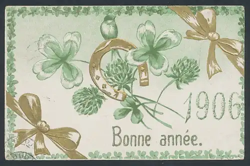 Präge-AK Jahreszahl 1906 mit Kleeblättern und Hufeisen