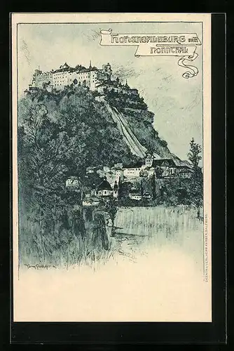 Künstler-AK Salzburg, Festung Hohen-Salzburg vom Nonnthal gesehen