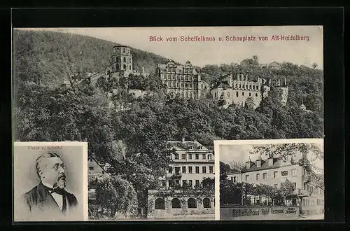 AK Heidelberg, Hotel-Restaurant Scheffel-Haus und Portrait Victor v. Scheffel