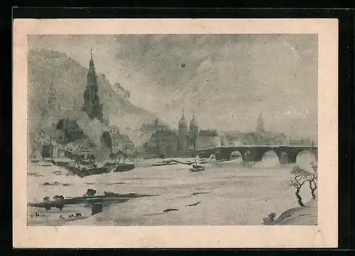 AK Heidelberg, Altstadt mit Neckarbrücke nach Ernst Mosler
