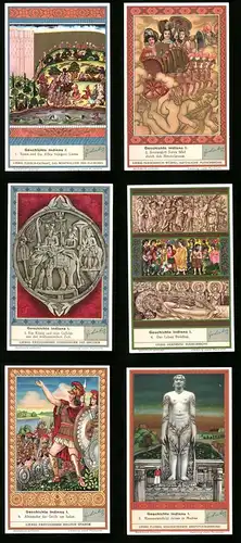 6 Sammelbilder Liebig, Serie Nr. 1400: Geschichte Indiens, Buddha, Madras, Surya