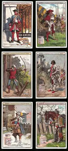 6 Sammelbilder Liebig, Serie Nr. 619: Soldaten verschiedener Zeiten, Preuss. Husar, Schwedischer Dragoner