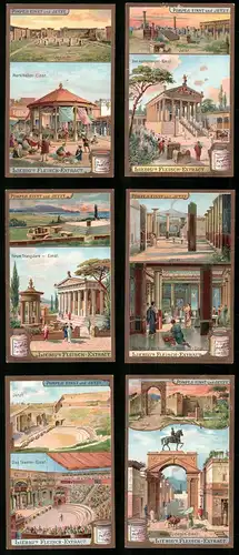 6 Sammelbilder Liebig, Serie Nr. 861: Pompeji einst und jetzt, Theater, Markthalle, Forum Triangulare