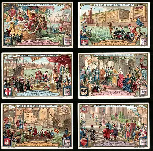 6 Sammelbilder Liebig, Serie Nr. 884: Aus der Blütezeit mittelalterlicher Städte, Antwerpen, Rom, Lübeck