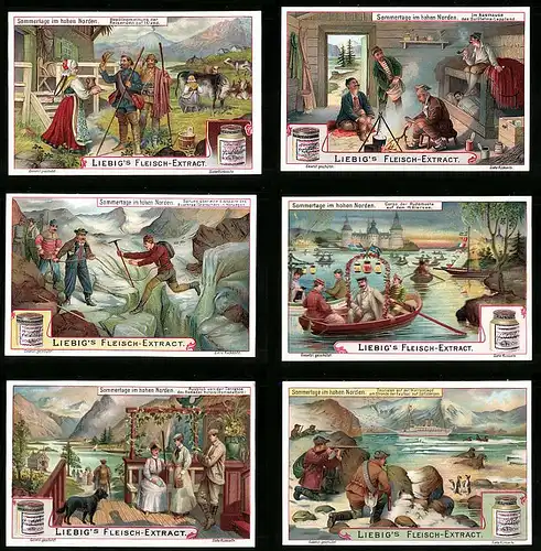 6 Sammelbilder Liebig, Serie Nr. 961: Sommertage im hohen Norden, Walrossjagd, Gletscher, Island