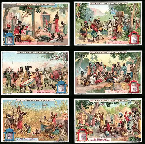 6 Sammelbilder Liebig, Serie Nr. 877: Aus Ostafrika, Maisernte, Massai, Karawane