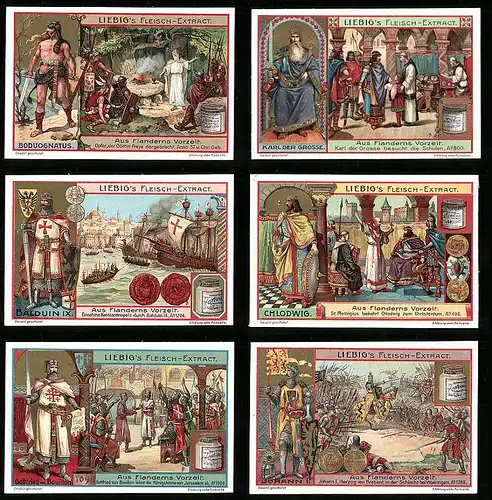 6 Sammelbilder Liebig, Serie Nr. 890: Aus Flanderns Vorzeit, Germanen, Boduognatus, Clodwig, Bouillon