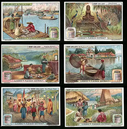 6 Sammelbilder Liebig, Serie Nr. 904: Anam - Land u. Leute, Uma, Maqui-Fest, Saigon