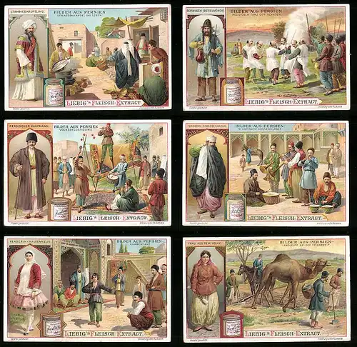 6 Sammelbilder Liebig, Serie Nr. 905: Bilder aus Persien, Kamel, Strassenhandel, Schiiten