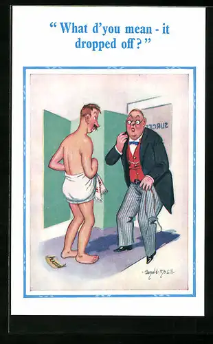 Künstler-AK Donald McGill: What d`you mean..., Nackter Mann mit Handtuch vor einem Herrn