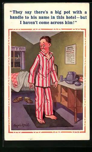 Künstler-AK Donald McGill: They say there`s a big pot with..., Mann im Hotel im Pyjama am Waschtisch