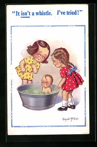 Künstler-AK Donald McGill: It isn`t a whistle..., Zwei junge Frauen baden kleinen Jungen