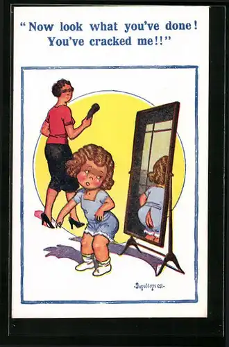 Künstler-AK Donald McGill: Now look what you`ve done!..., Kleines Mädchen mit kaputtem Kleid vor dem Spiegel