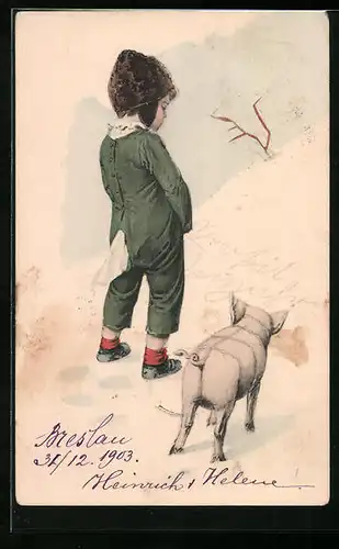 AK Kleiner Junge mit Ferkel pisst in den Schnee, Neujahrsgruss, Toilettenhumor