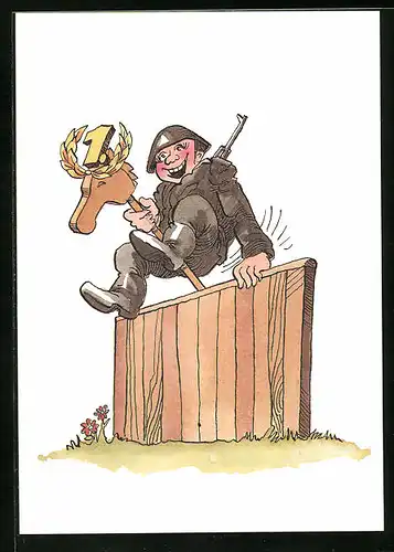 AK Soldat der NVA überwindet mit Steckenpferd Hindernis