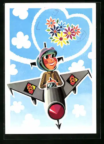 AK Soldat der NVA im Flugzeug und Blumen im Herz