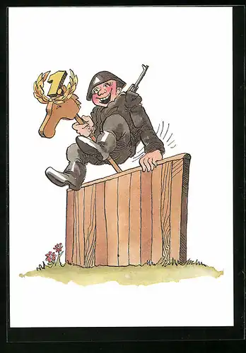 AK Soldat der NVA überwindet mit Steckenpferd Hindernis