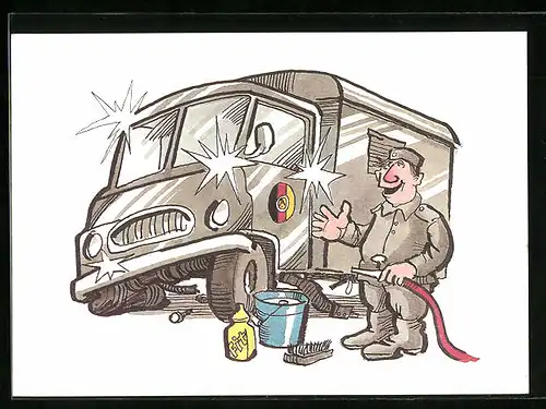 AK Soldat der NVA mit blitzblankem LKW